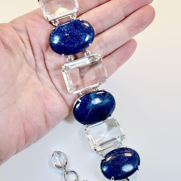 Lapis Bracelet, Sterling Bracelet, Quartz, Big Stones, Statement, Wide, Vintage - Picture 2 of 7